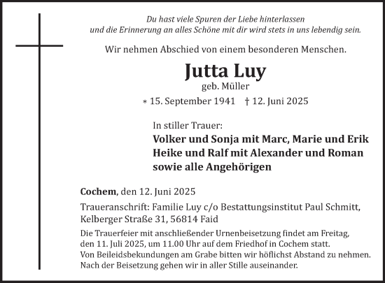 Traueranzeige von Jutta Luy von WochenSpiegel