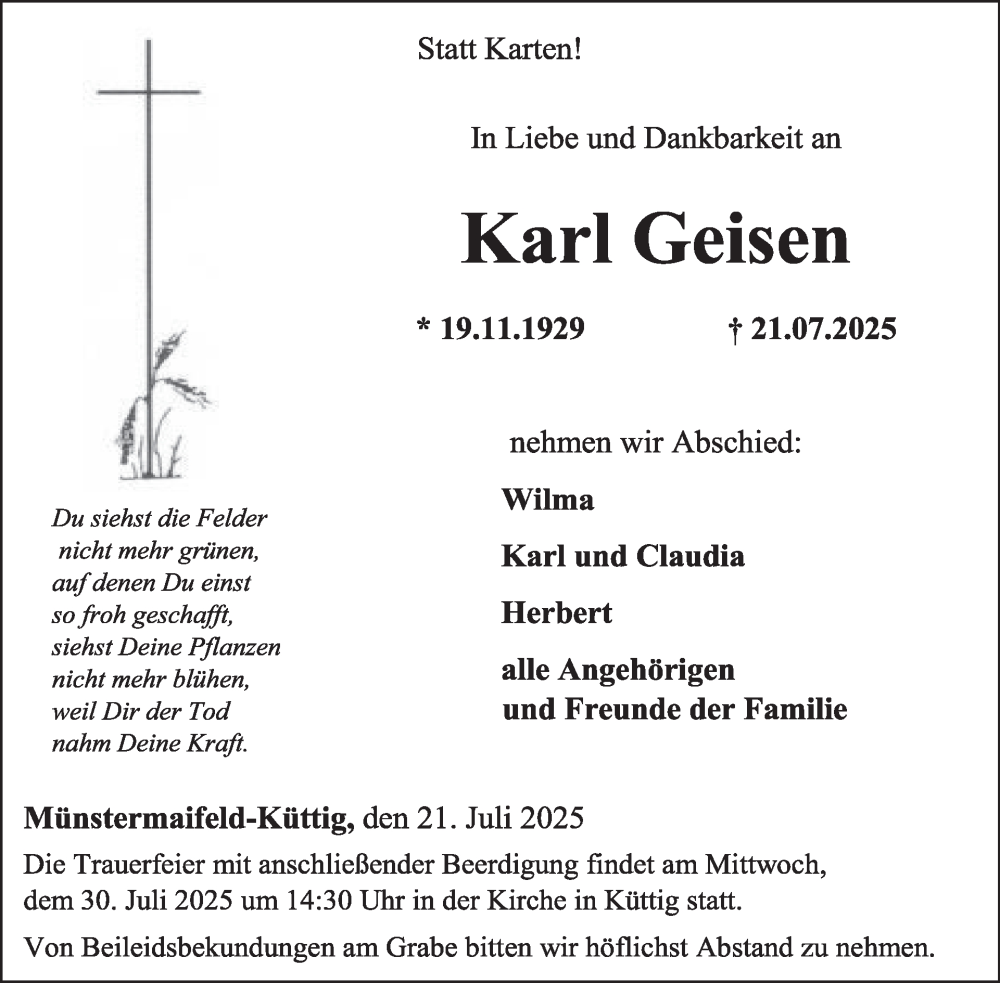  Traueranzeige für Karl Geisen vom 30.07.2025 aus WochenSpiegel