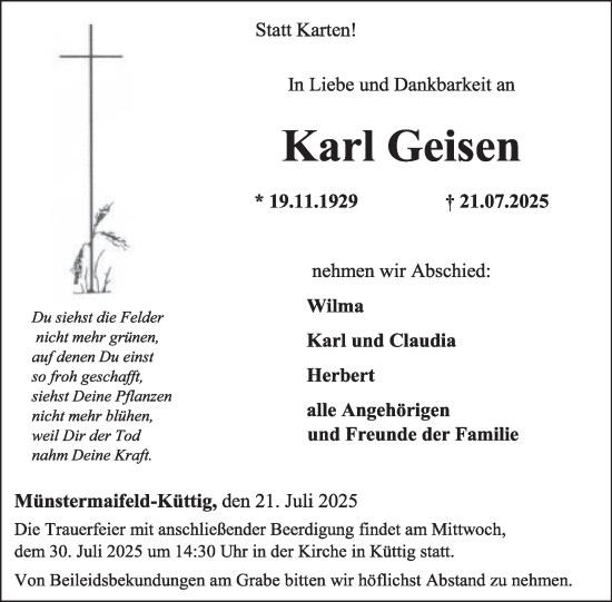 Traueranzeige von Karl Geisen von WochenSpiegel