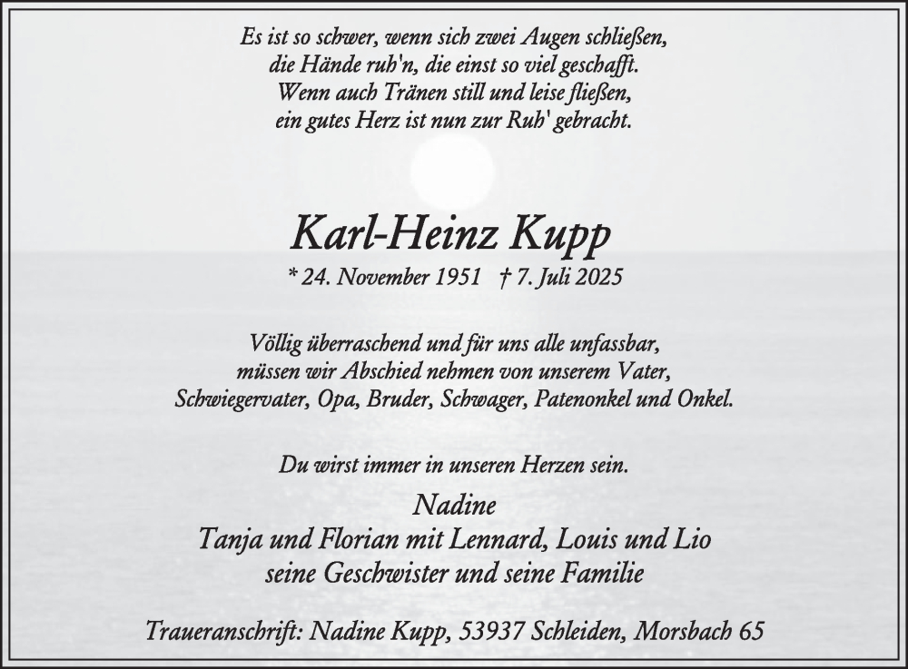  Traueranzeige für Karl-Heinz Kupp vom 16.07.2025 aus WochenSpiegel