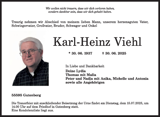 Traueranzeige von Karl-Heinz Viehl von WochenSpiegel