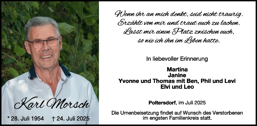  Traueranzeige für Karl Morsch vom 30.07.2025 aus WochenSpiegel