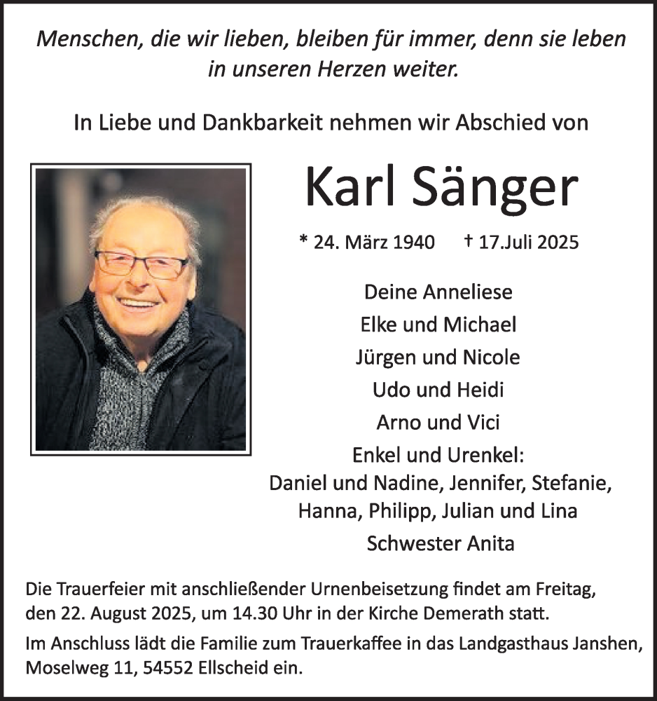  Traueranzeige für Karl Sänger vom 26.07.2025 aus WochenSpiegel