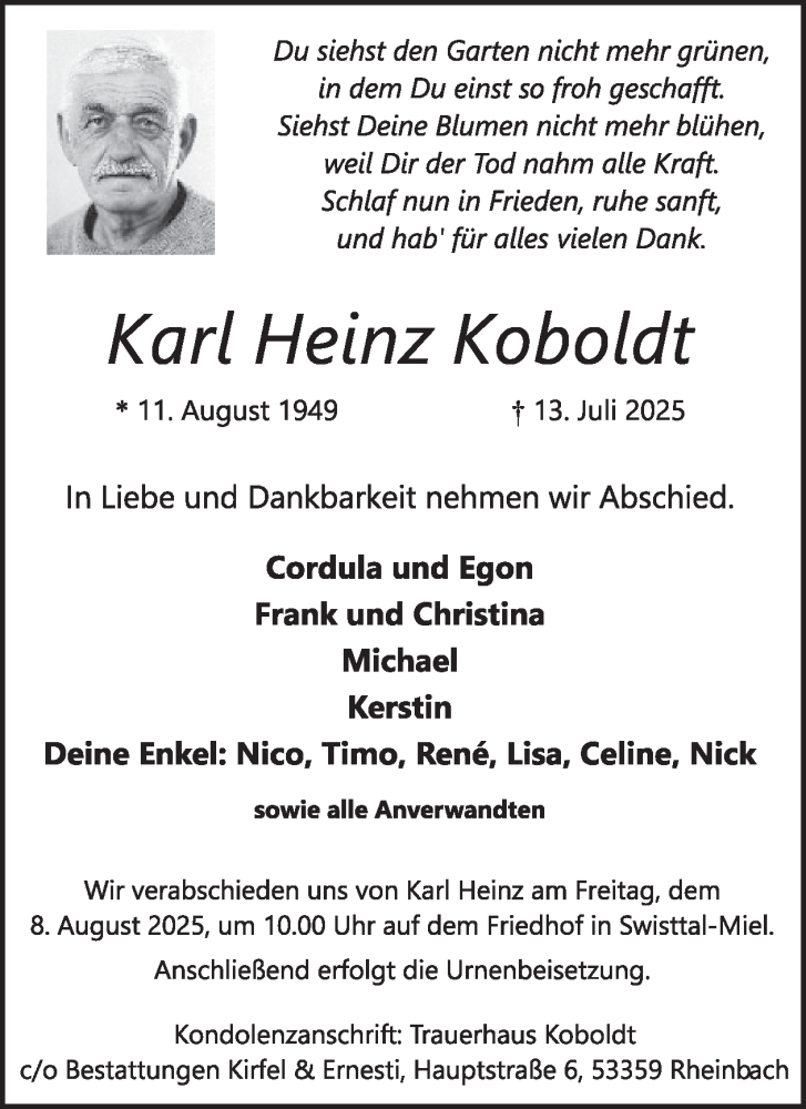  Traueranzeige für Karl Heinz Koboldt vom 30.07.2025 aus WochenSpiegel
