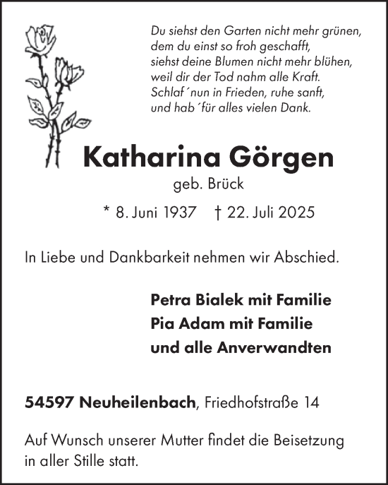 Traueranzeige von Katharina Görgen von WochenSpiegel
