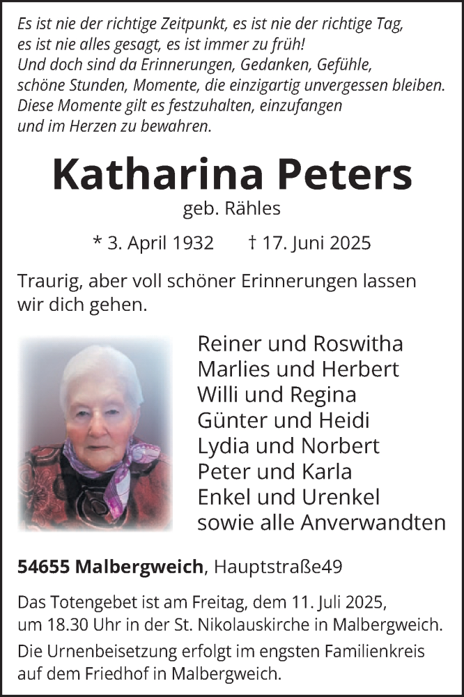  Traueranzeige für Katharina Peters vom 04.07.2025 aus WochenSpiegel