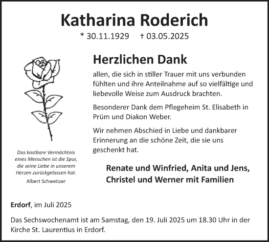 Traueranzeige von Katharina Roderich von WochenSpiegel