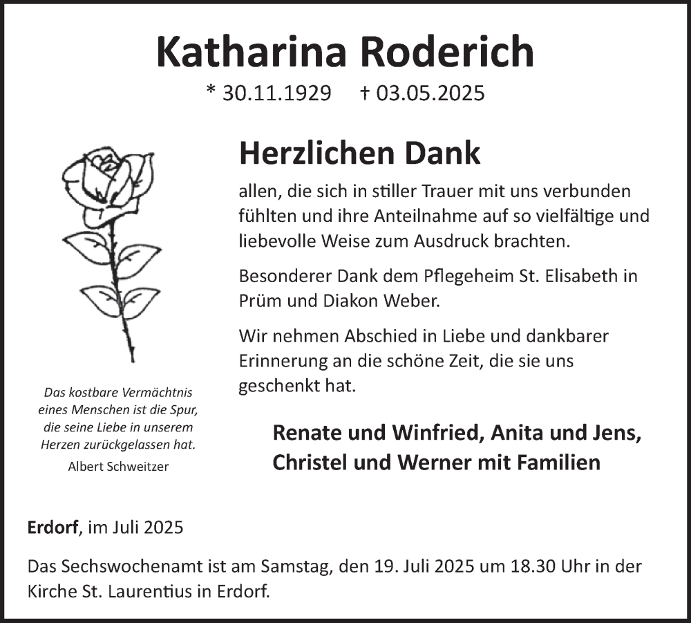  Traueranzeige für Katharina Roderich vom 11.07.2025 aus WochenSpiegel