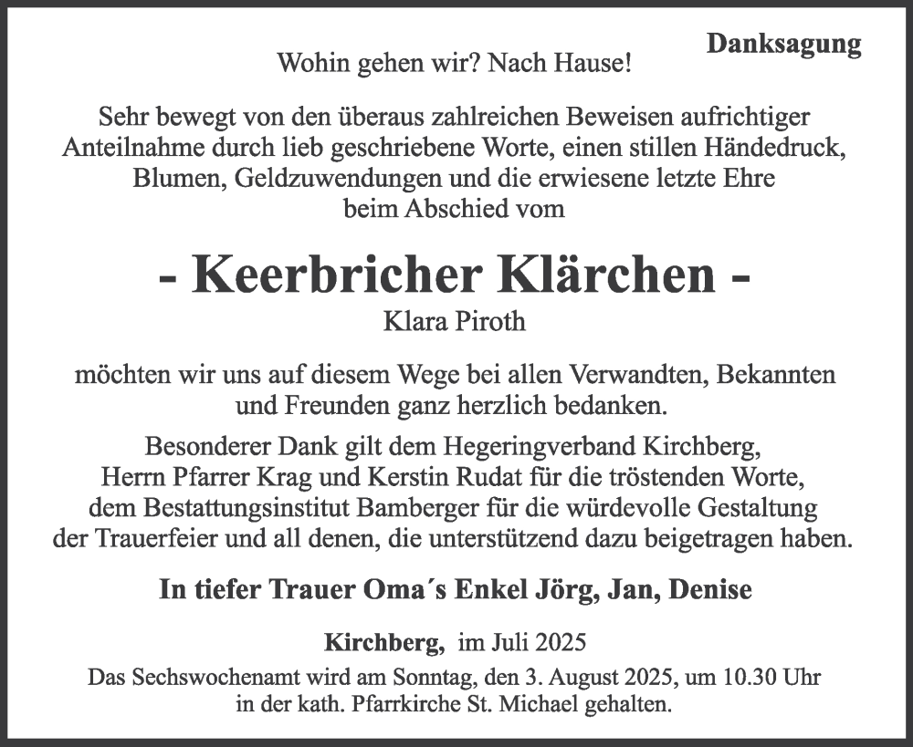  Traueranzeige für Klara Piroth vom 19.07.2025 aus WochenSpiegel