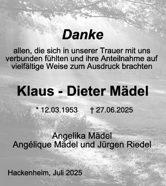 Traueranzeige von Klaus-Dieter Mädel von WochenSpiegel