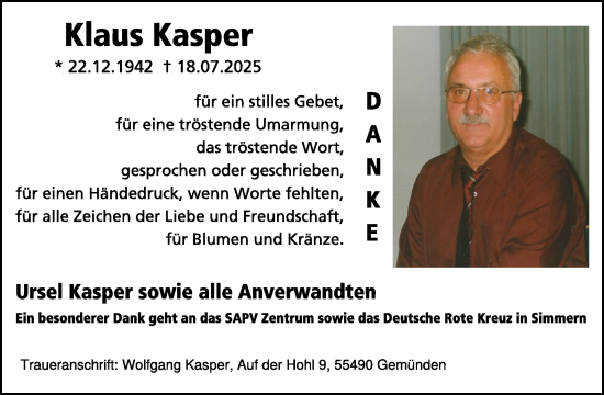 Traueranzeige von Klaus Kasper von WochenSpiegel