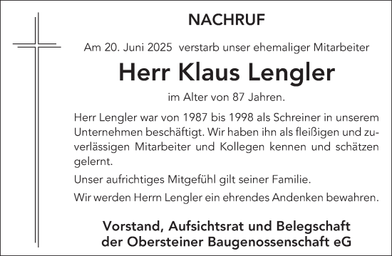 Traueranzeige von Klaus Lengler von WochenSpiegel