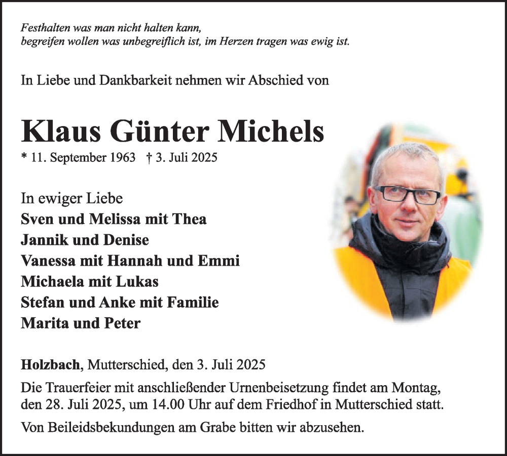 Traueranzeige für Klaus Günter Michels vom 19.07.2025 aus WochenSpiegel