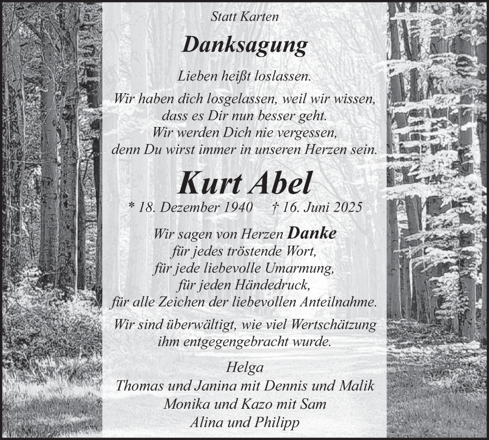  Traueranzeige für Kurt Abel vom 23.07.2025 aus WochenSpiegel