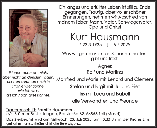 Traueranzeige von Kurt Hausmann von WochenSpiegel