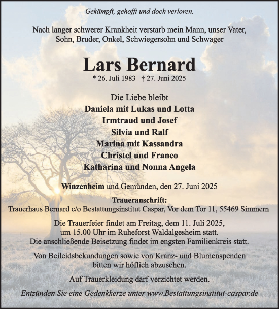 Traueranzeige von Lars Bernard von WochenSpiegel