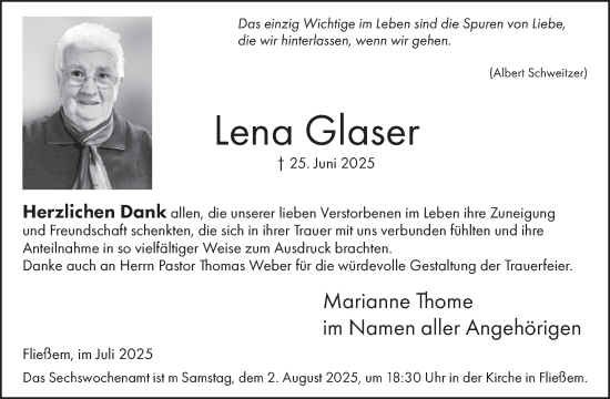 Traueranzeige von Lena Glaser von WochenSpiegel
