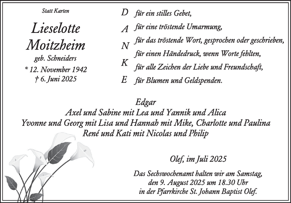  Traueranzeige für Lieselotte Moitzheim vom 30.07.2025 aus WochenSpiegel