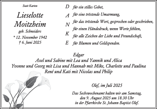 Traueranzeige von Lieselotte Moitzheim von WochenSpiegel