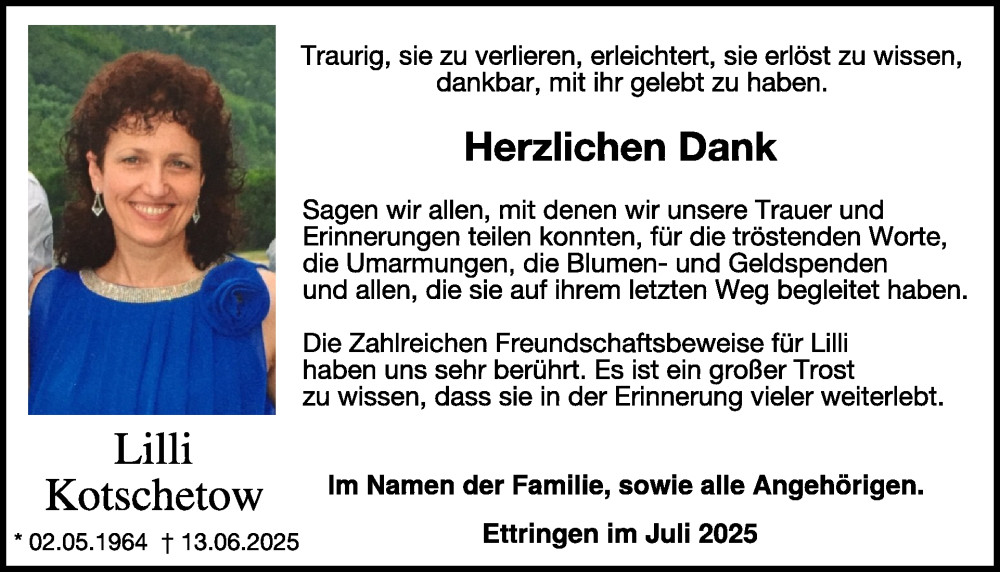  Traueranzeige für Lilli Kotschetow vom 09.07.2025 aus WochenSpiegel