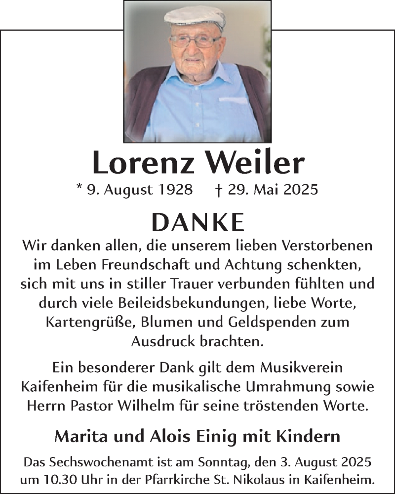  Traueranzeige für Lorenz Weiler vom 02.07.2025 aus WochenSpiegel