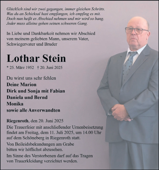 Traueranzeige von Lothar Stein von WochenSpiegel