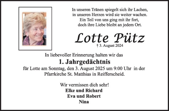 Traueranzeige von Lotte Pütz von WochenSpiegel