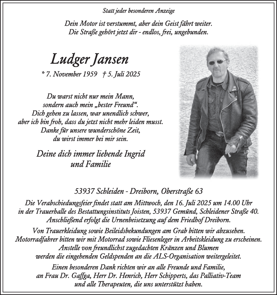  Traueranzeige für Ludger Jansen vom 09.07.2025 aus WochenSpiegel