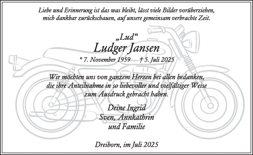  Traueranzeige für Ludger Jansen vom 30.07.2025 aus WochenSpiegel