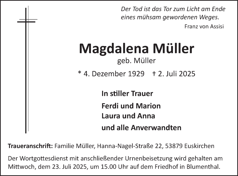  Traueranzeige für Magdalena Müller vom 16.07.2025 aus WochenSpiegel