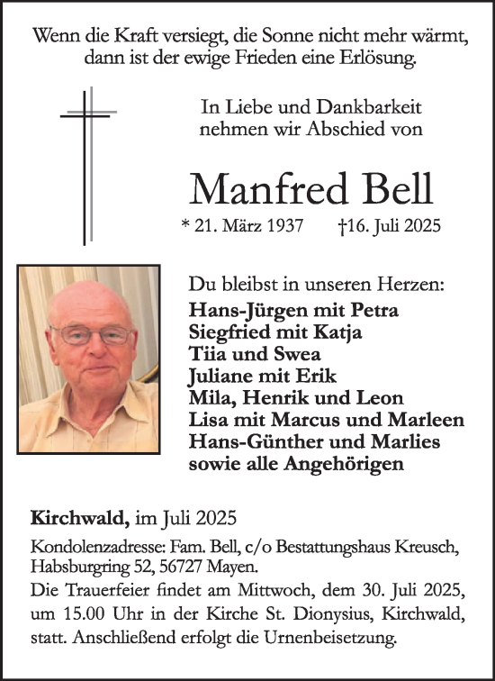 Traueranzeige von Manfred Bell von WochenSpiegel