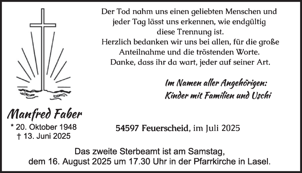  Traueranzeige für Manfred Faber vom 01.08.2025 aus WochenSpiegel