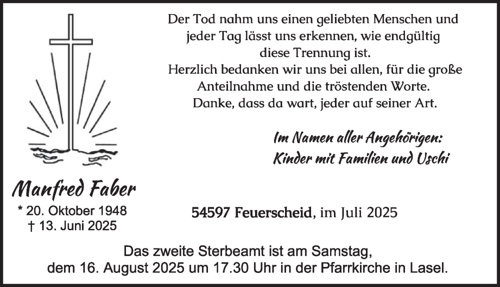  Traueranzeige für Manfred Faber vom 11.07.2025 aus WochenSpiegel