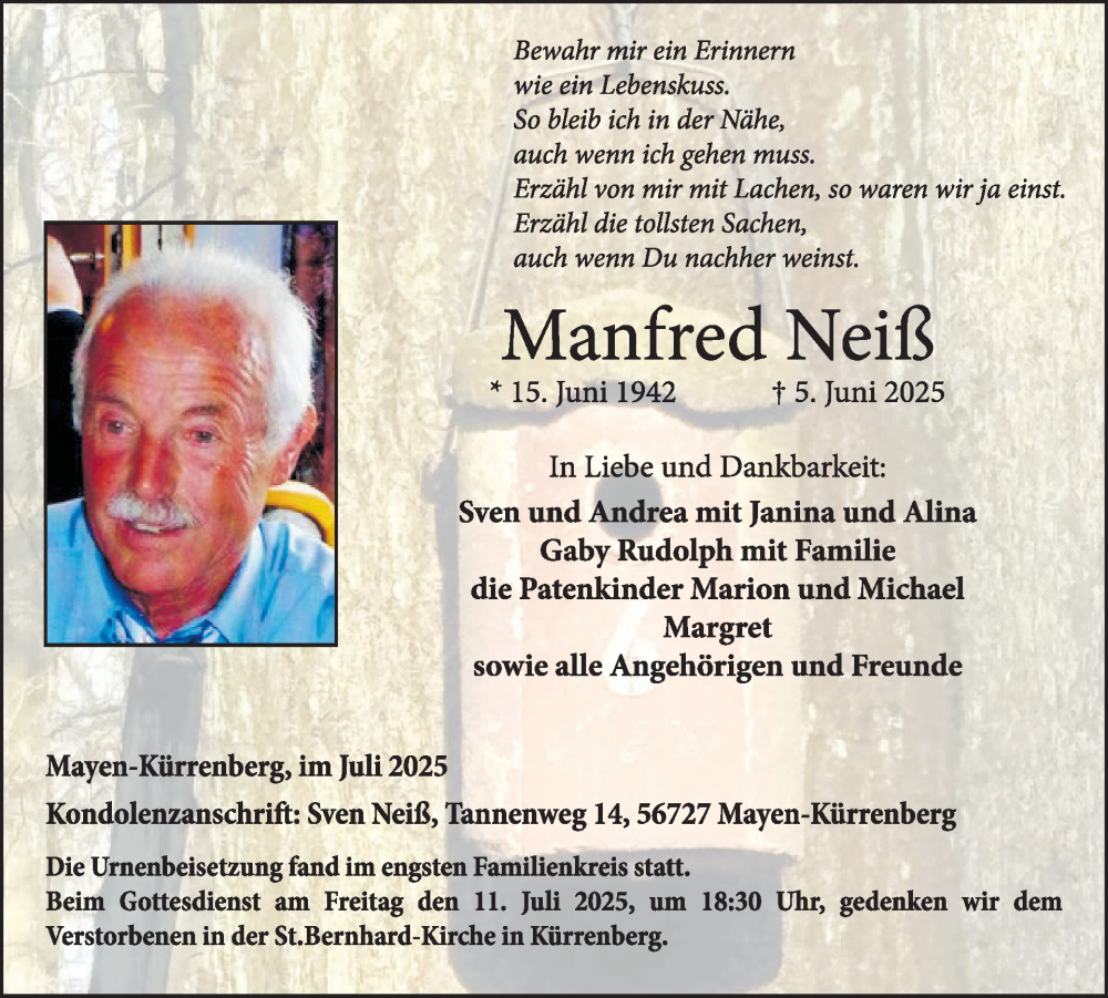  Traueranzeige für Manfred Neiß vom 02.07.2025 aus WochenSpiegel