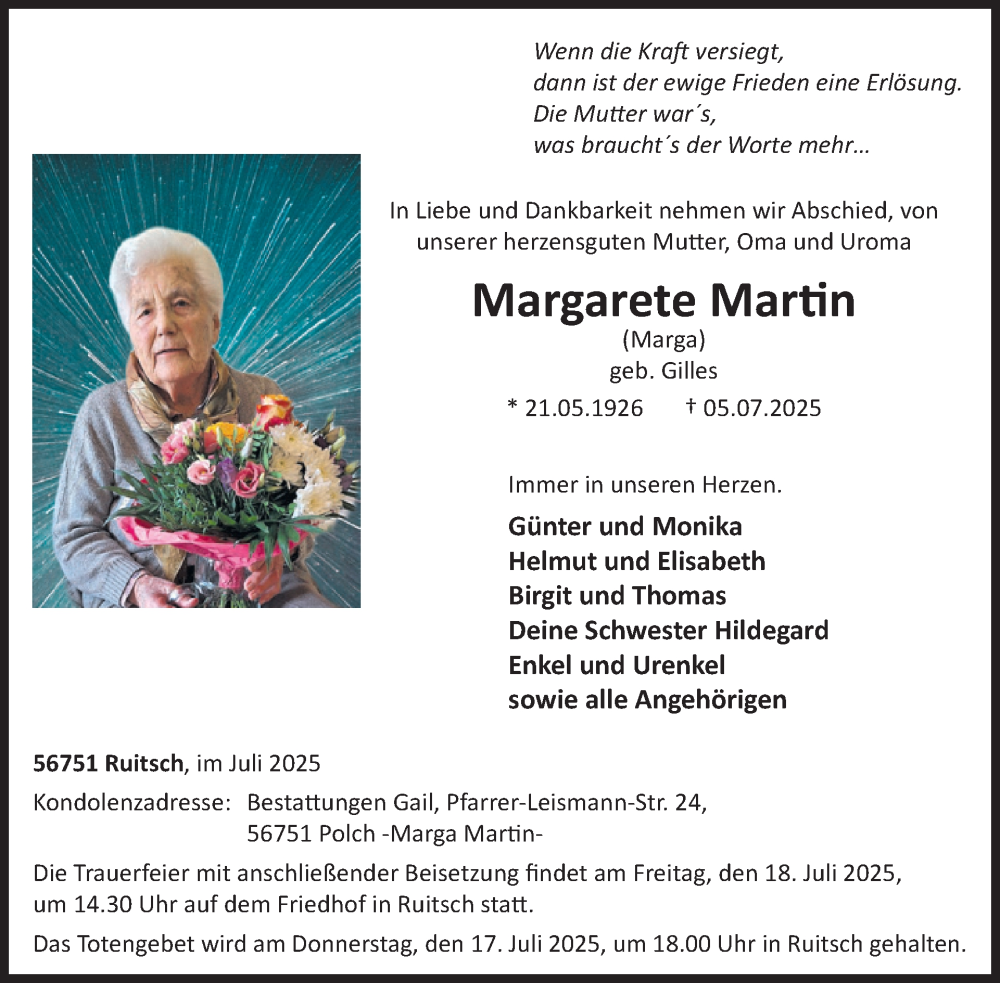  Traueranzeige für Margarete Martin vom 16.07.2025 aus WochenSpiegel
