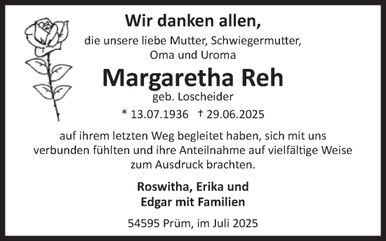 Traueranzeige von Margaretha Reh von WochenSpiegel