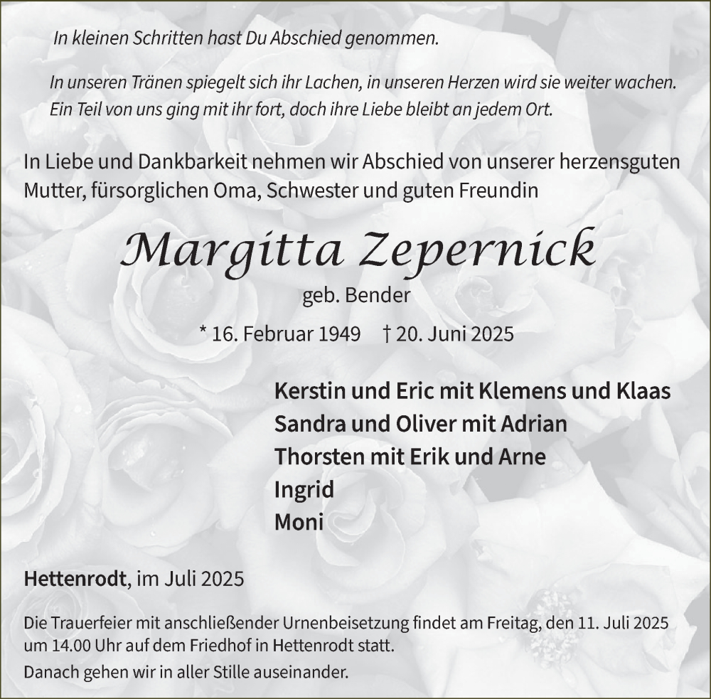  Traueranzeige für Margitta Zepernick vom 05.07.2025 aus WochenSpiegel