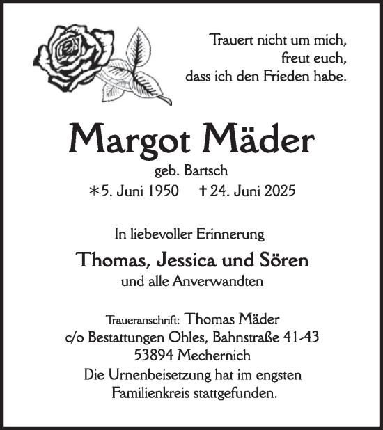 Traueranzeige von Margot Mäder von WochenSpiegel