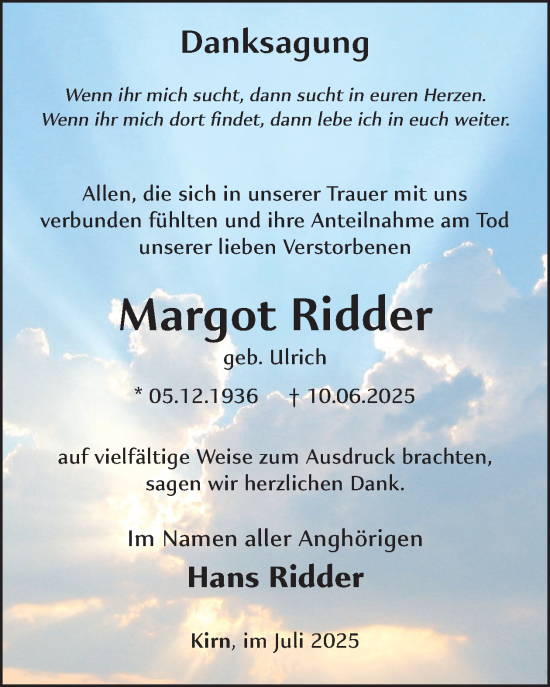 Traueranzeige von Margot Ridder von WochenSpiegel
