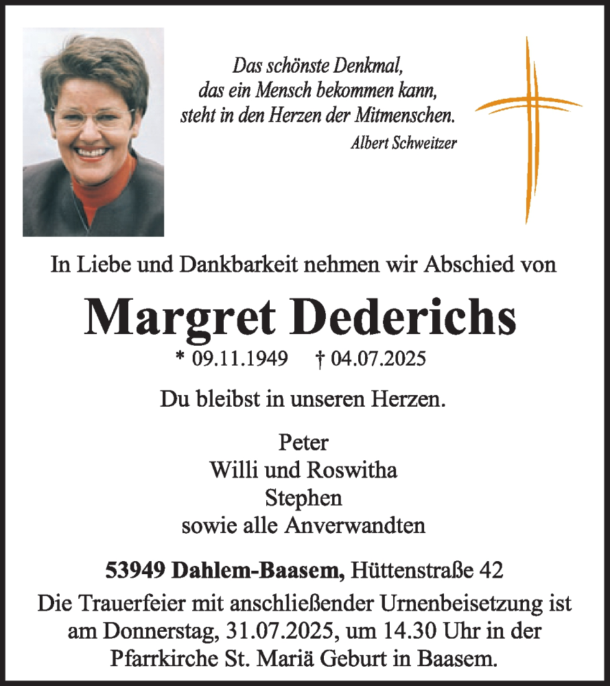  Traueranzeige für Margret Dederichs vom 23.07.2025 aus WochenSpiegel