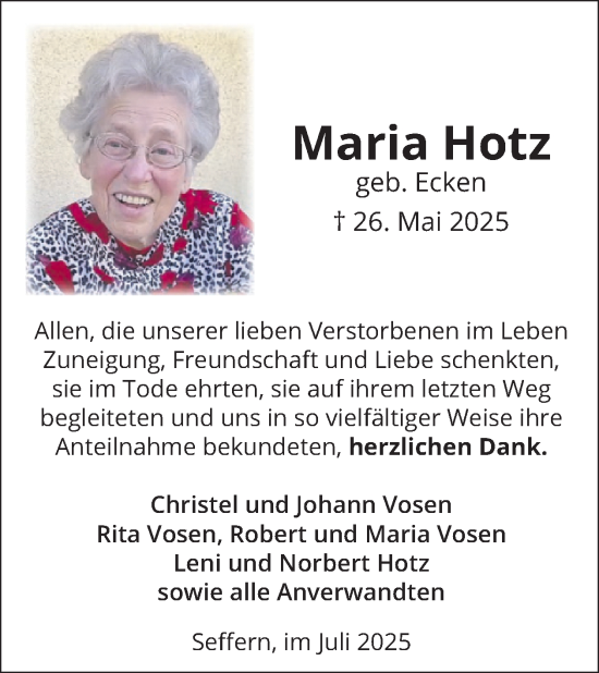 Traueranzeige von Maria Hotz von WochenSpiegel