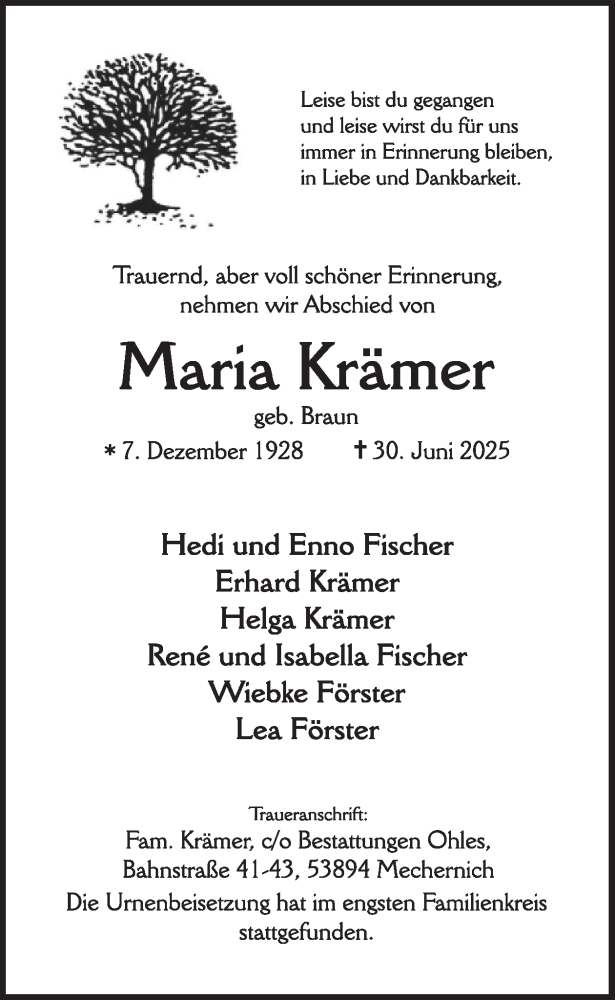  Traueranzeige für Maria Krämer vom 16.07.2025 aus WochenSpiegel