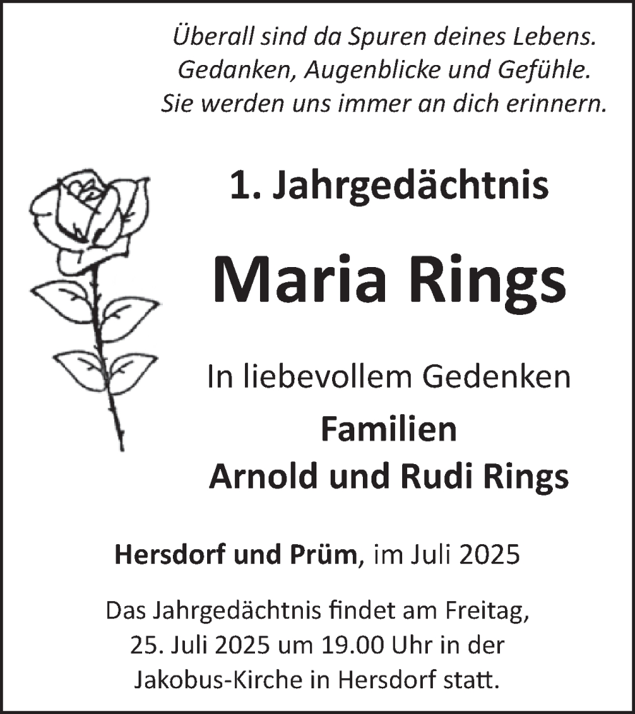  Traueranzeige für Maria Rings vom 18.07.2025 aus WochenSpiegel