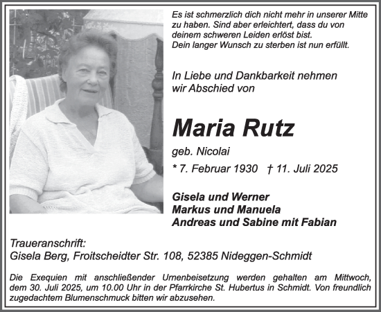 Traueranzeige von Maria Rutz von WochenSpiegel