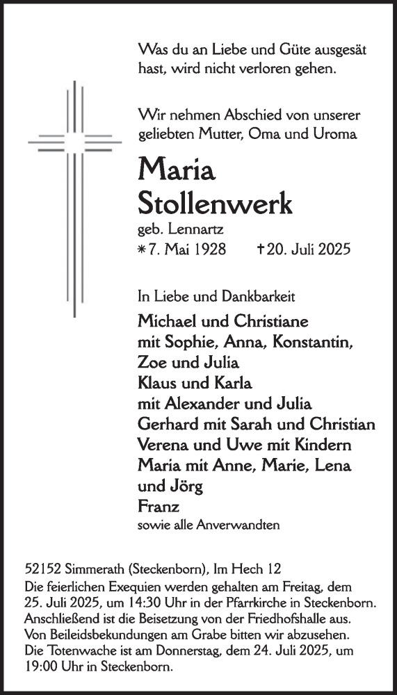  Traueranzeige für Maria Stollenwerk vom 23.07.2025 aus WochenSpiegel