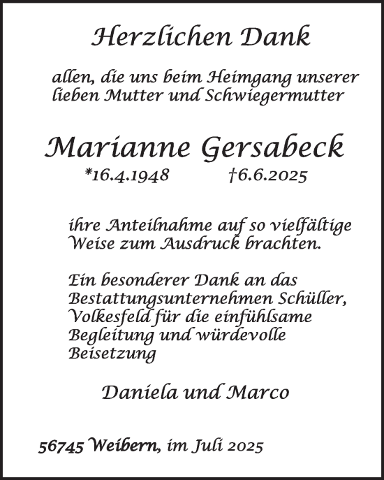 Traueranzeige von Marianne Gersabeck von WochenSpiegel