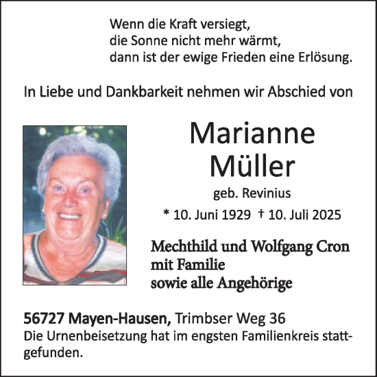 Traueranzeige von Marianne Müller von WochenSpiegel