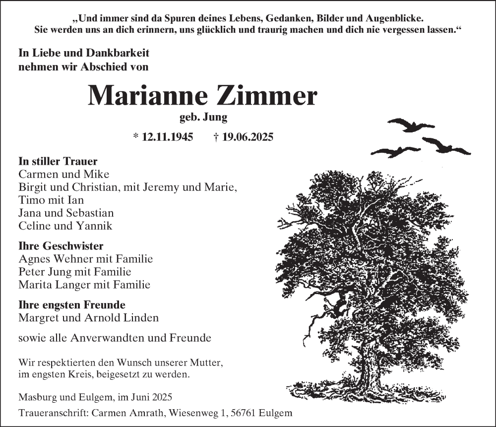  Traueranzeige für Marianne Zimmer vom 02.07.2025 aus WochenSpiegel