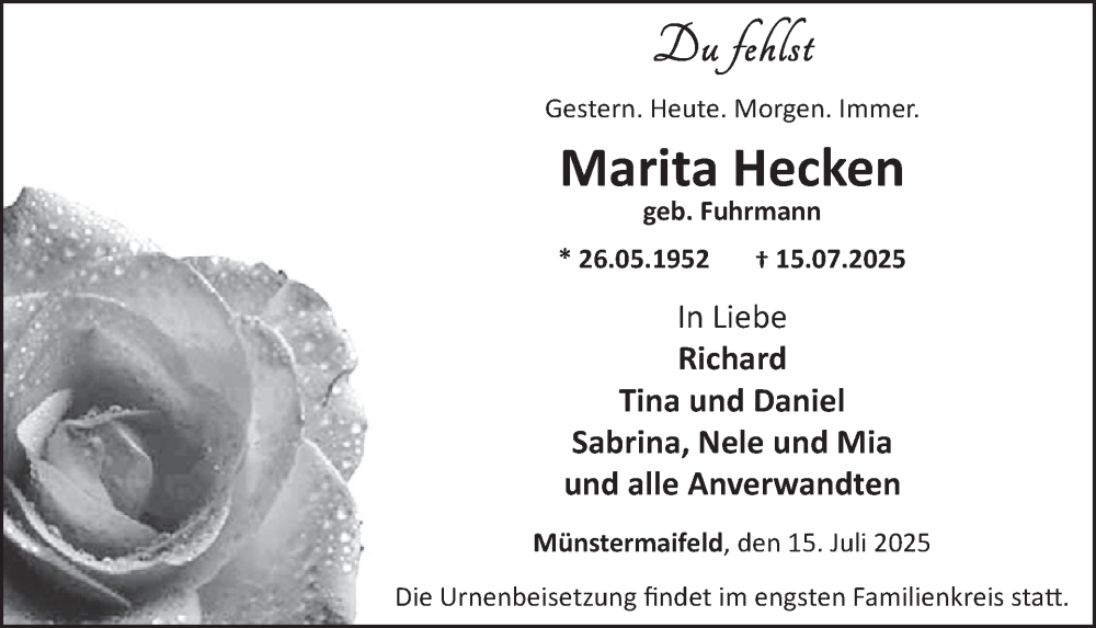  Traueranzeige für Marita Hecken vom 23.07.2025 aus WochenSpiegel