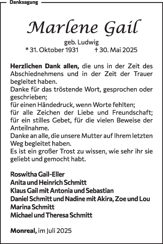 Traueranzeige von Marlene Gail von WochenSpiegel